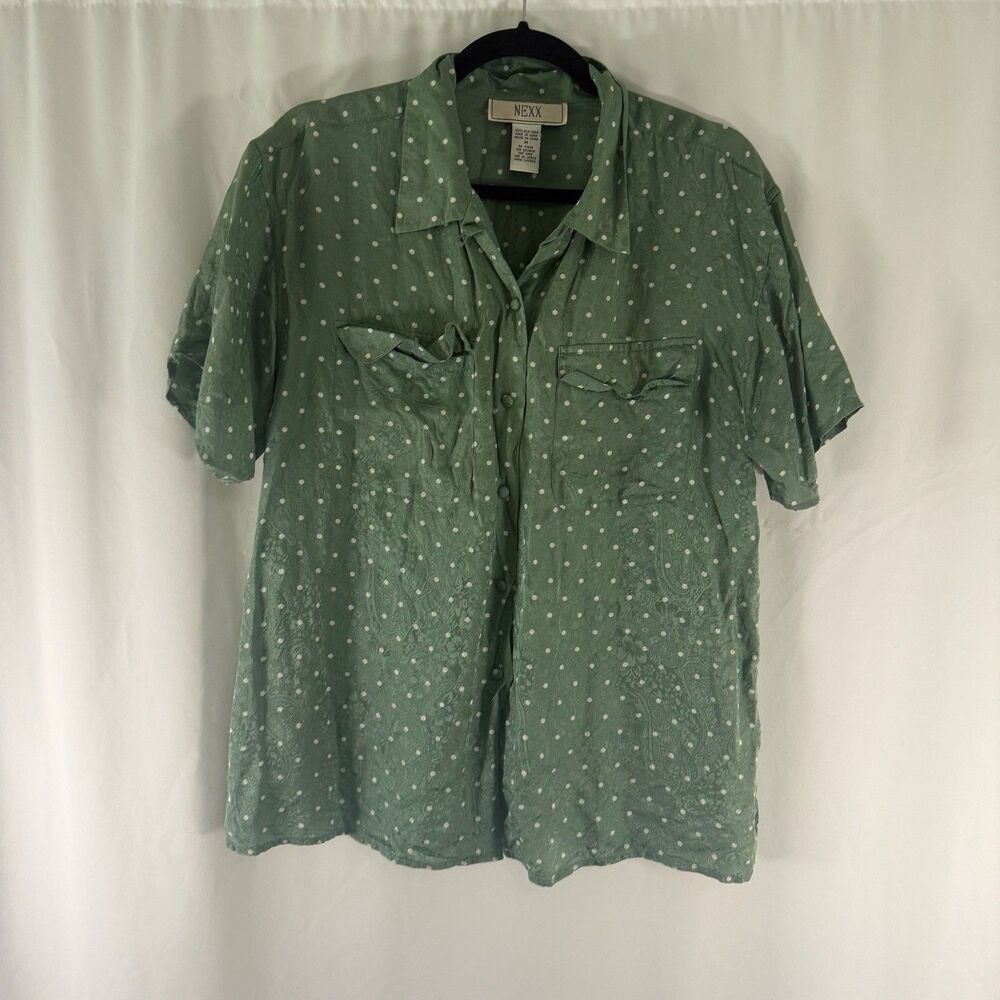 Nexx 100% Silk Blouse Women's Medium Green Polka Dot Paisley Print Short Sleeve